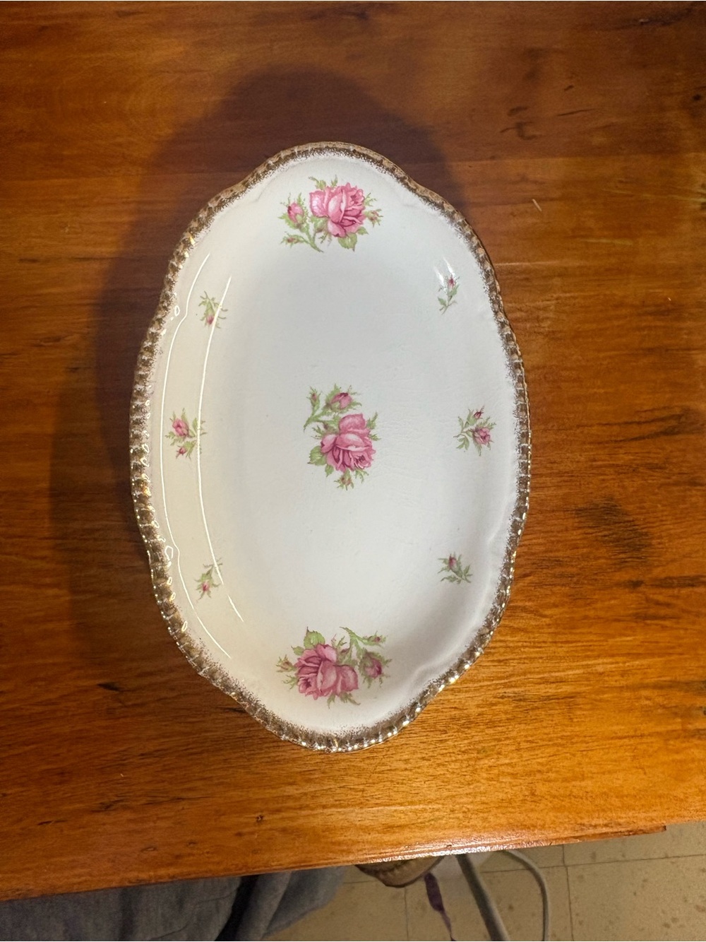 Oval Porcelain Serving Platter with Pink Rose Motif and Gold Trim